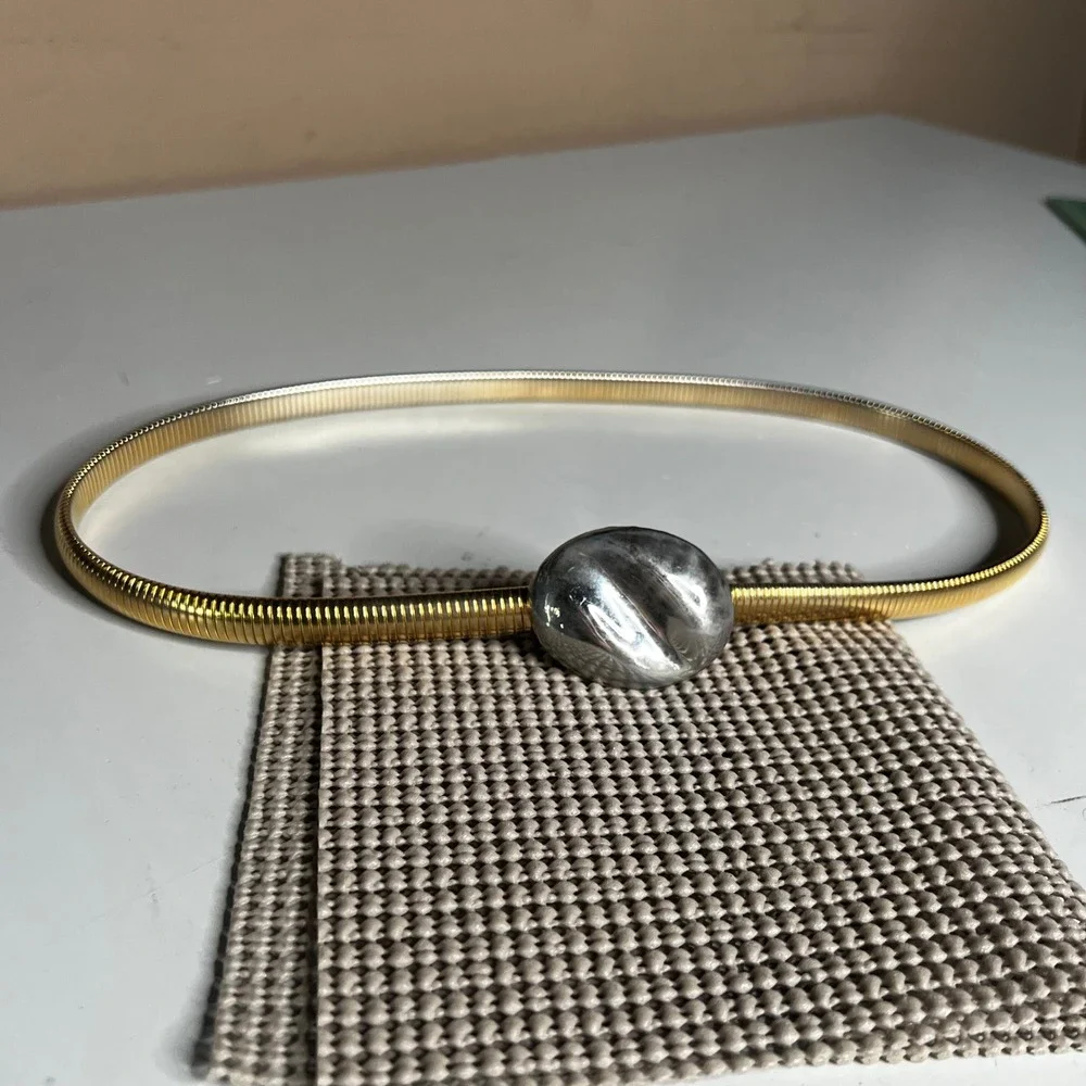 Vintage 80s Mixed Metal Stretch Snake Chain Belt Gold Silver Pebble Buckle